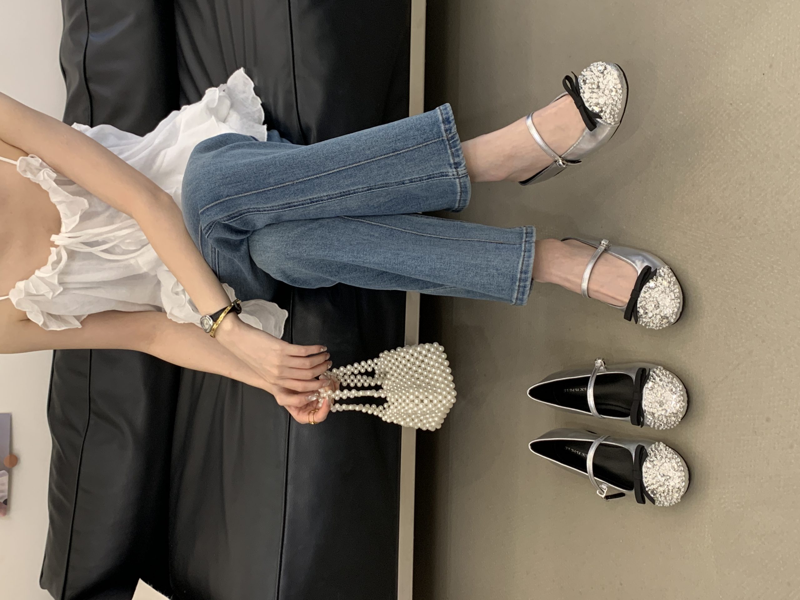 2026 New French Rhinestone Women's Low Heel Slippers Casual Lazy One-Step Silver