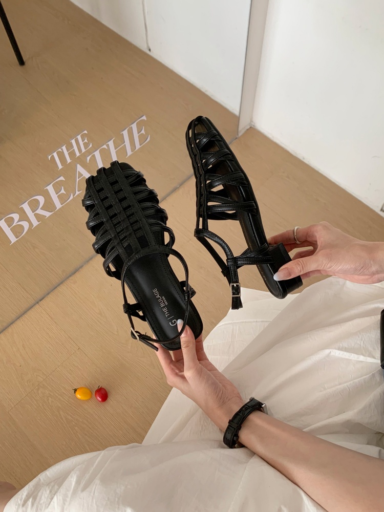2026 Summer New Retro Woven Hollow Vacation Style Open Toe Roman Flat Sandals for Women