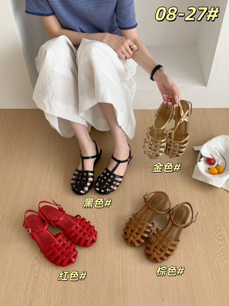 3.5CM Hidden Heel Roman Sandals for Women 2026 Summer New Arrival Closed Toe Woven Thick Sole T-Strap Fishbone Soft Sole Sandals