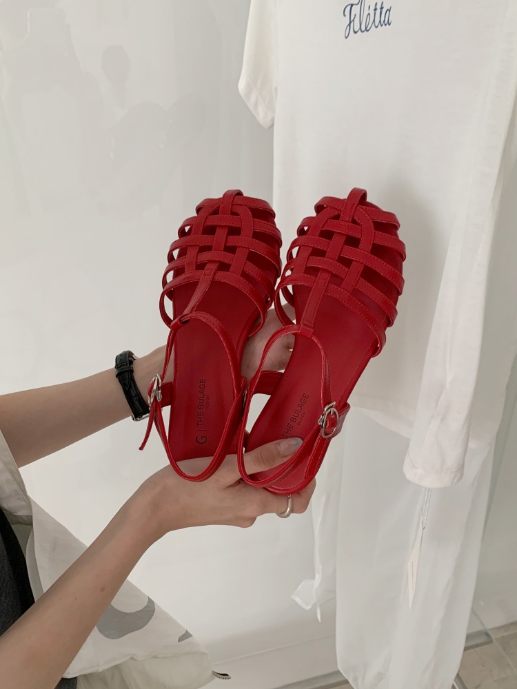 3.5CM Hidden Heel Roman Sandals for Women 2026 Summer New Arrival Closed Toe Woven Thick Sole T-Strap Fishbone Soft Sole Sandals