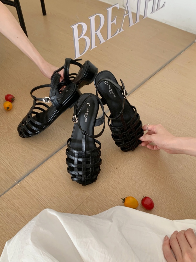 3.5CM Hidden Heel Roman Sandals for Women 2026 Summer New Arrival Closed Toe Woven Thick Sole T-Strap Fishbone Soft Sole Sandals