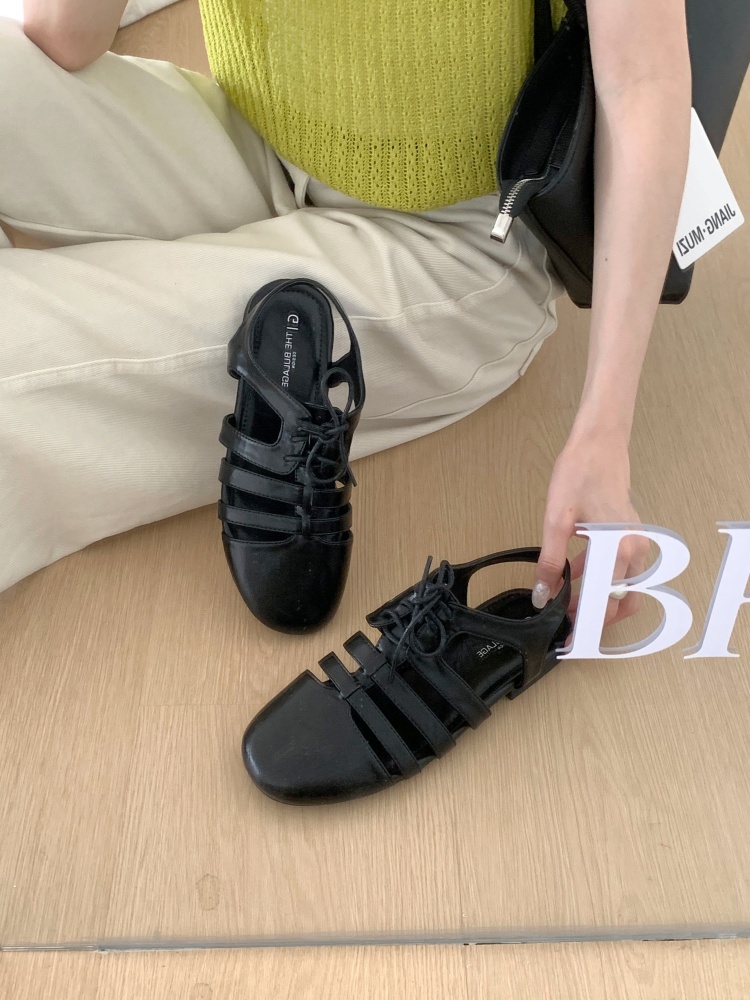 New Casual Roman Sandals for Women Flat Lace-up Hollow Closed Toe Comfortable Versatile Backless Single Shoes