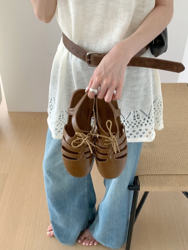 New Casual Roman Sandals for Women Flat Lace-up Hollow Closed Toe Comfortable Versatile Backless Single Shoes