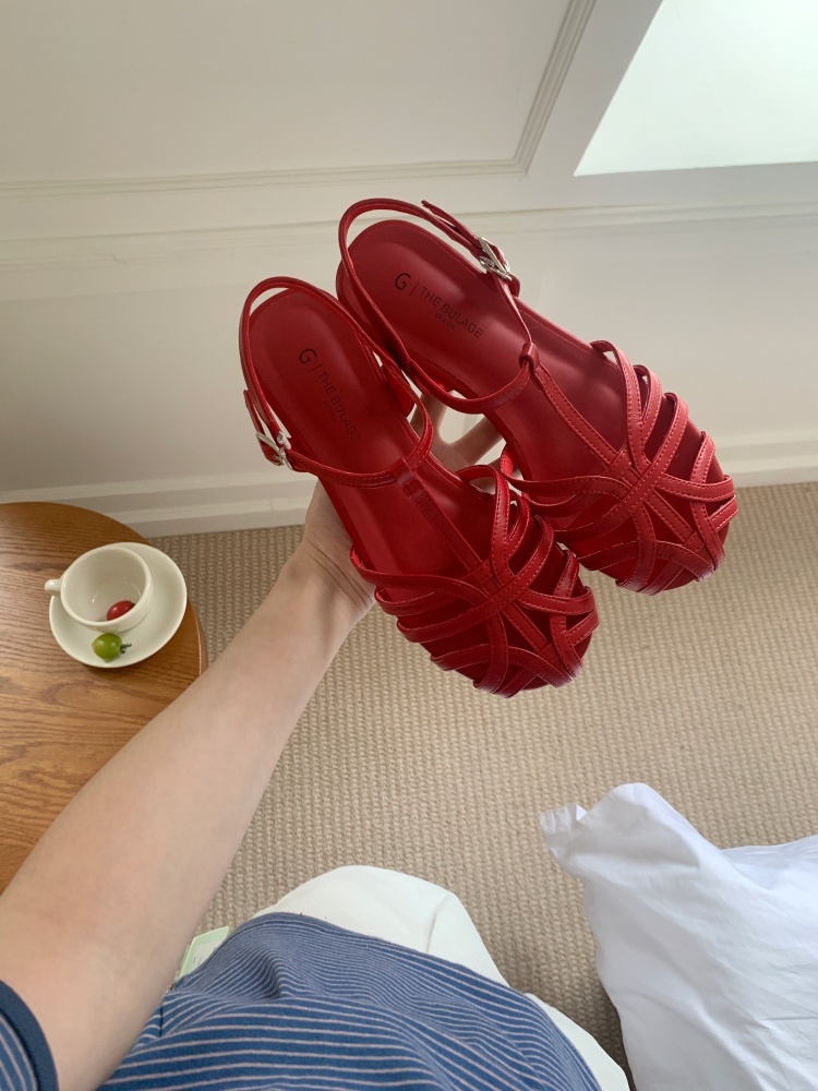 New Retro Hollow Out Thick Sole T-Strap Mary Jane Shoes Women 2026 Summer Closed Toe Wedge Roman Sandals